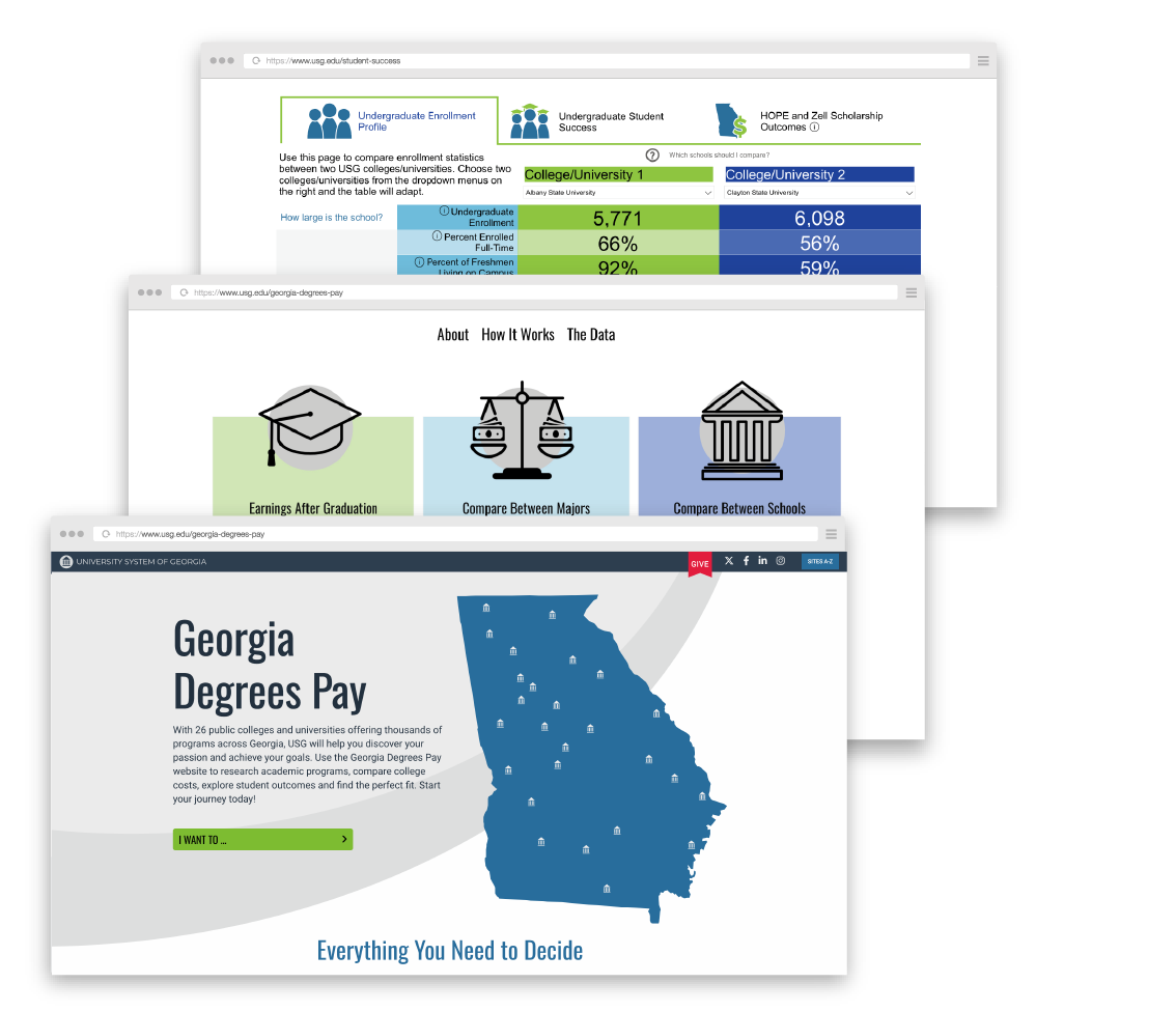 three sample pages of the Georgia Degrees Pay site